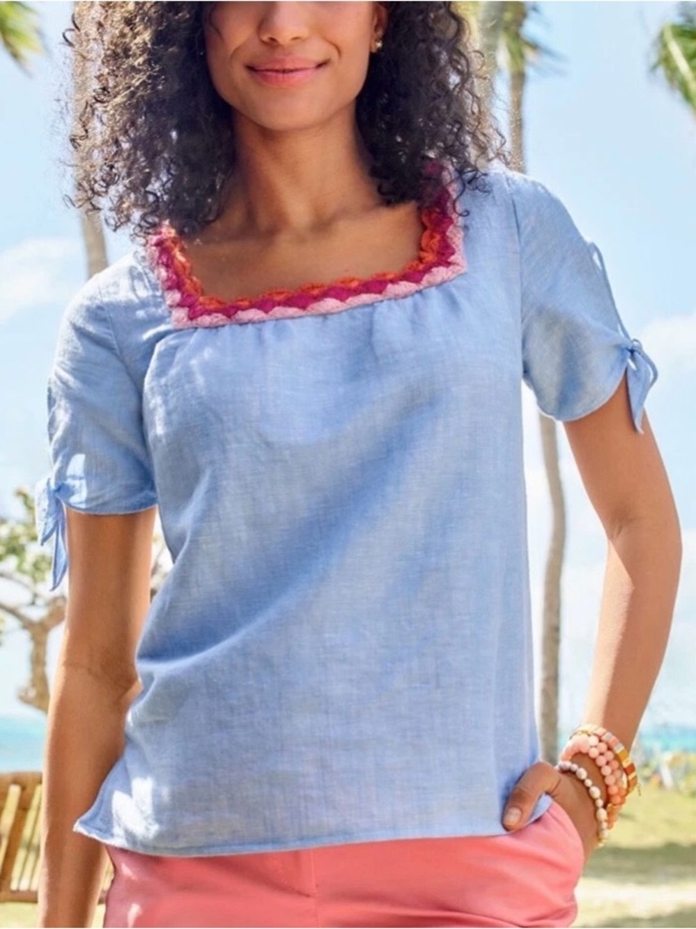 Talbots Linen Blend Crochet Trim Top Blue Size Large